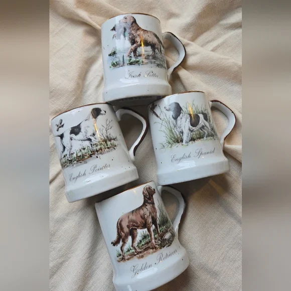Vintage Enesco Speckled Stoneware Mugs Sporting Dogs Set Of 4 - Picture 1 of 9